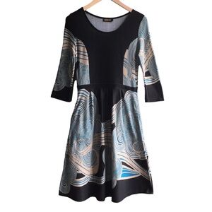 REBORN Boho Swirls Dress Pockets Size L Black Blue Art Deco 3/4 Sleeves Comfy